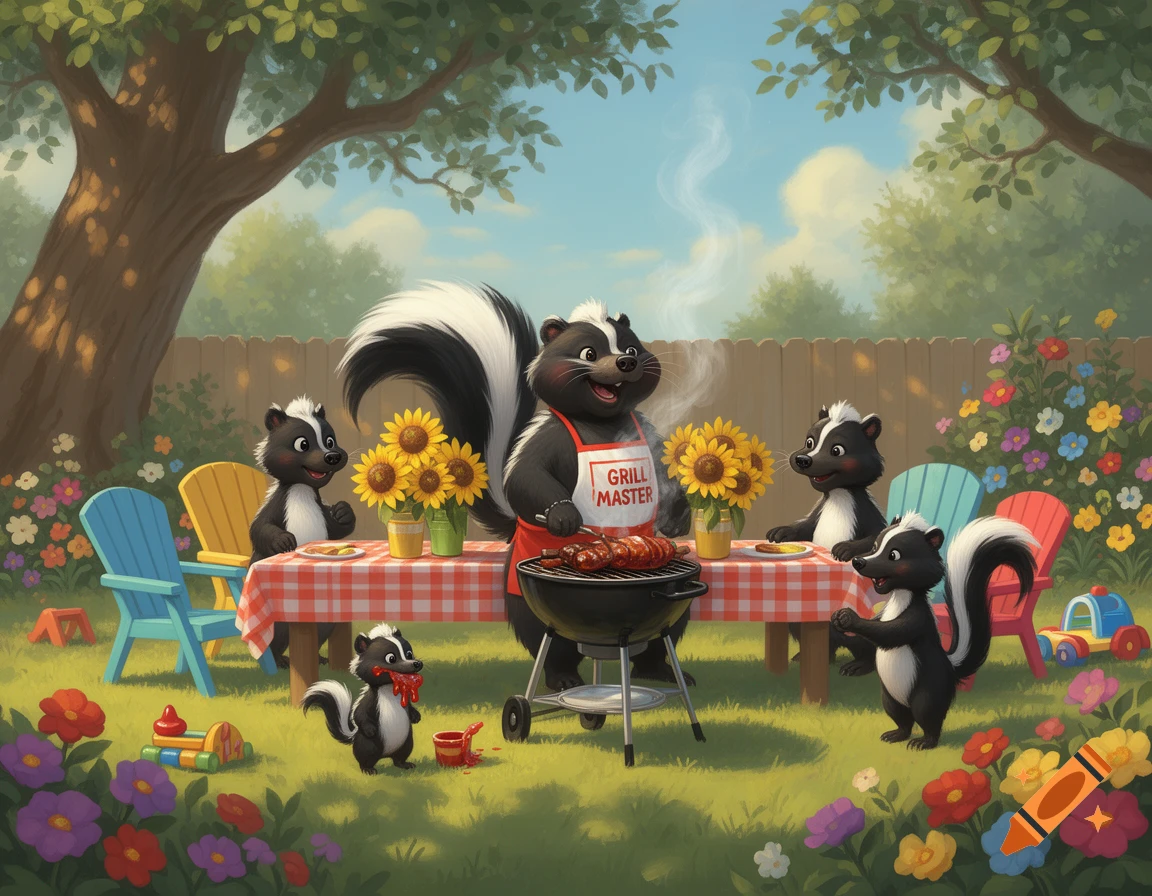 A cheerful cartoon skunk family enjoys a lively backyard BBQ with flowers and a large tree.