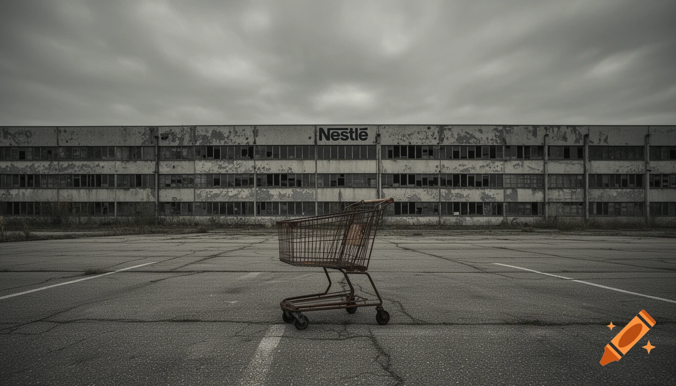 A rusty shopping cart in front of an abandoned Nestlé factory under a grey, cloudy sky.