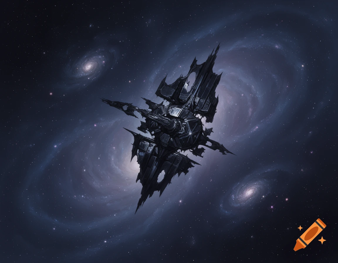 A dark, angular, and spiky Black Knight-like satellite against a vast, star-filled spiral galaxy in deep space.