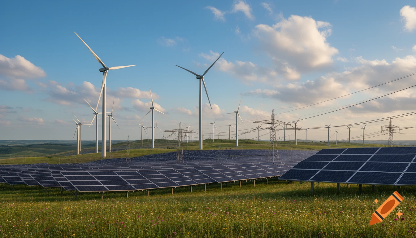 Photorealistic landscape featuring numerous wind turbines and solar panels on a grassy hill under a blue sky with power lines.