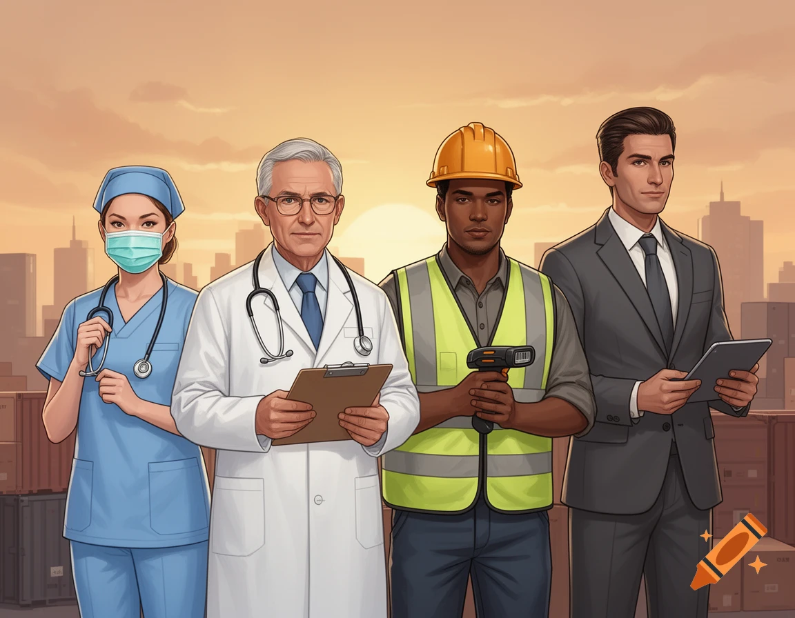 Nurse, doctor, construction worker, and businessman stand together against a city skyline at sunset in an illustration.