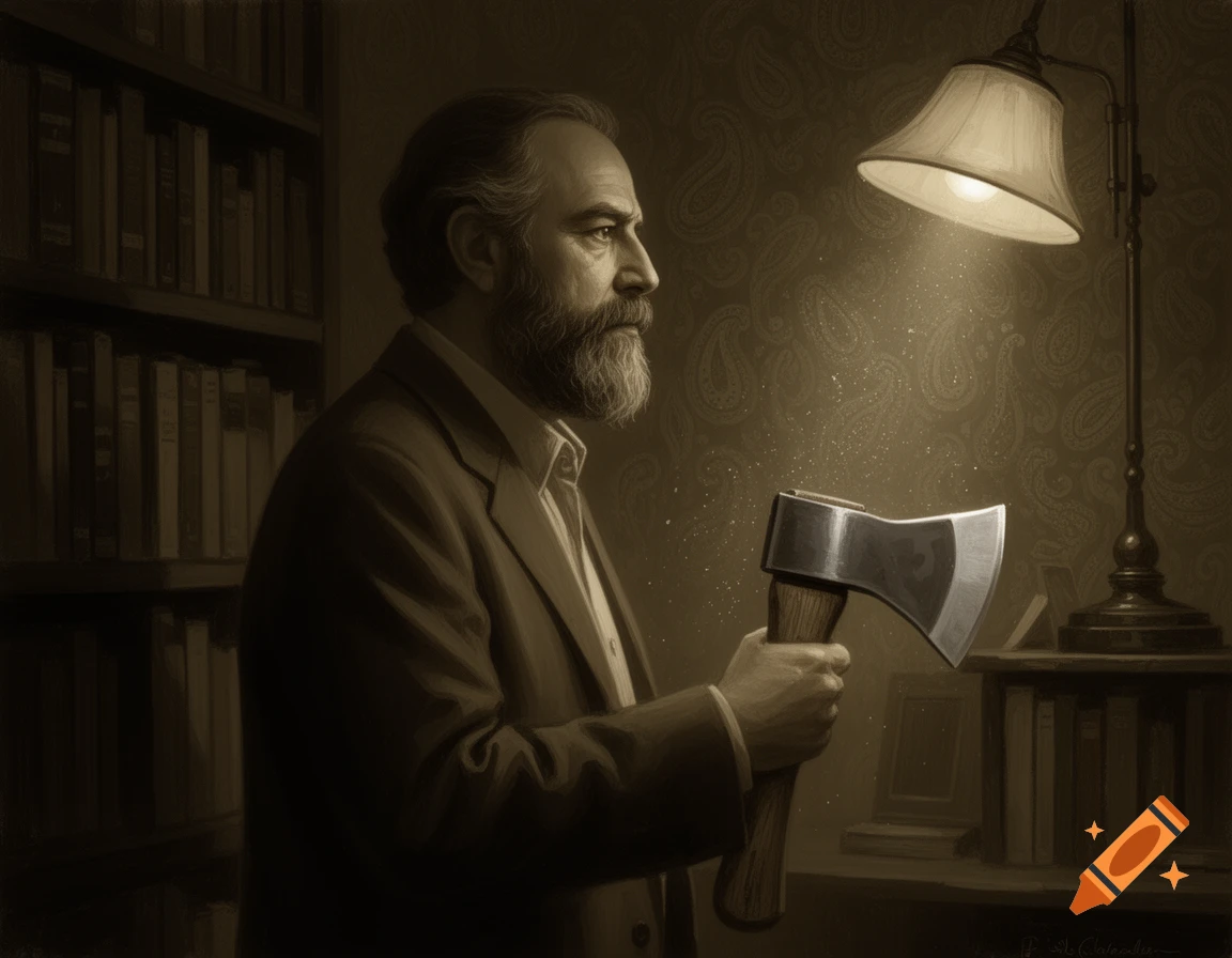 Painterly portrait of a bearded man in a suit holding an axe under a lamp in a study with bookshelves.
