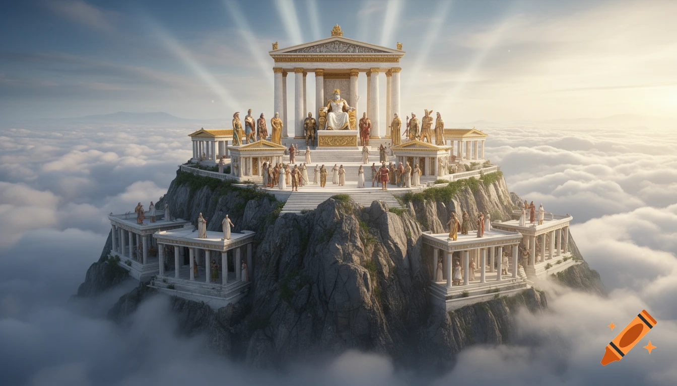 Ultra-realistic cinematic view of Mount Olympus, with grand marble palaces on a cloud-shrouded peak, Zeus on a throne surrounded by Olympian gods.