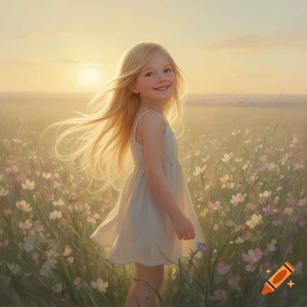 A smiling blonde girl in a white dress stands in a field of wildflowers ...