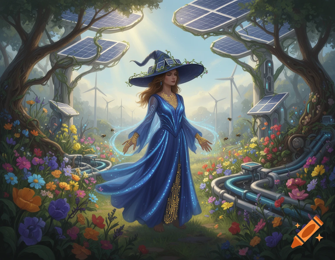 A blue-robed solar punk witch with a wide hat stands in a vibrant garden with solar panel trees, windmills, and colorful flowers.