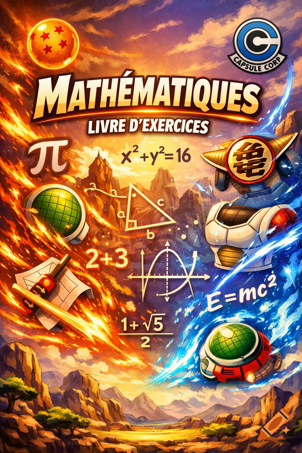 Anime-style mathematics exercise book cover with Dragon Ball elements, equations, and a landscape split by fire and ice.