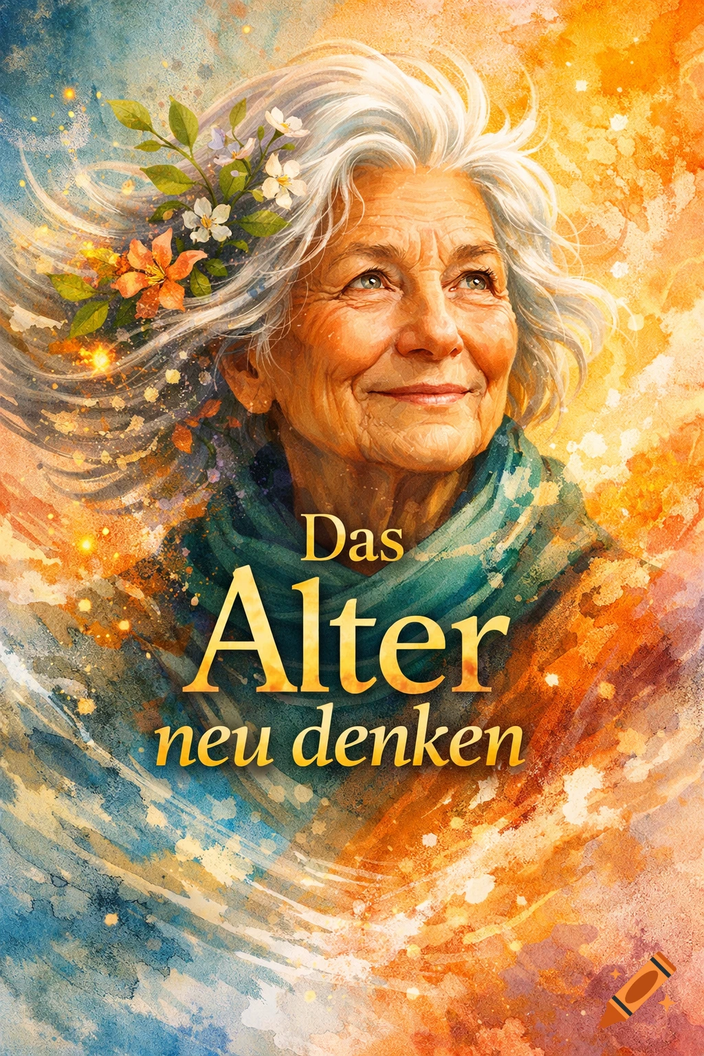 Watercolor portrait of a smiling elderly woman with white hair and flowers against a vibrant abstract background. Text reads 'Das Alter neu denken'.