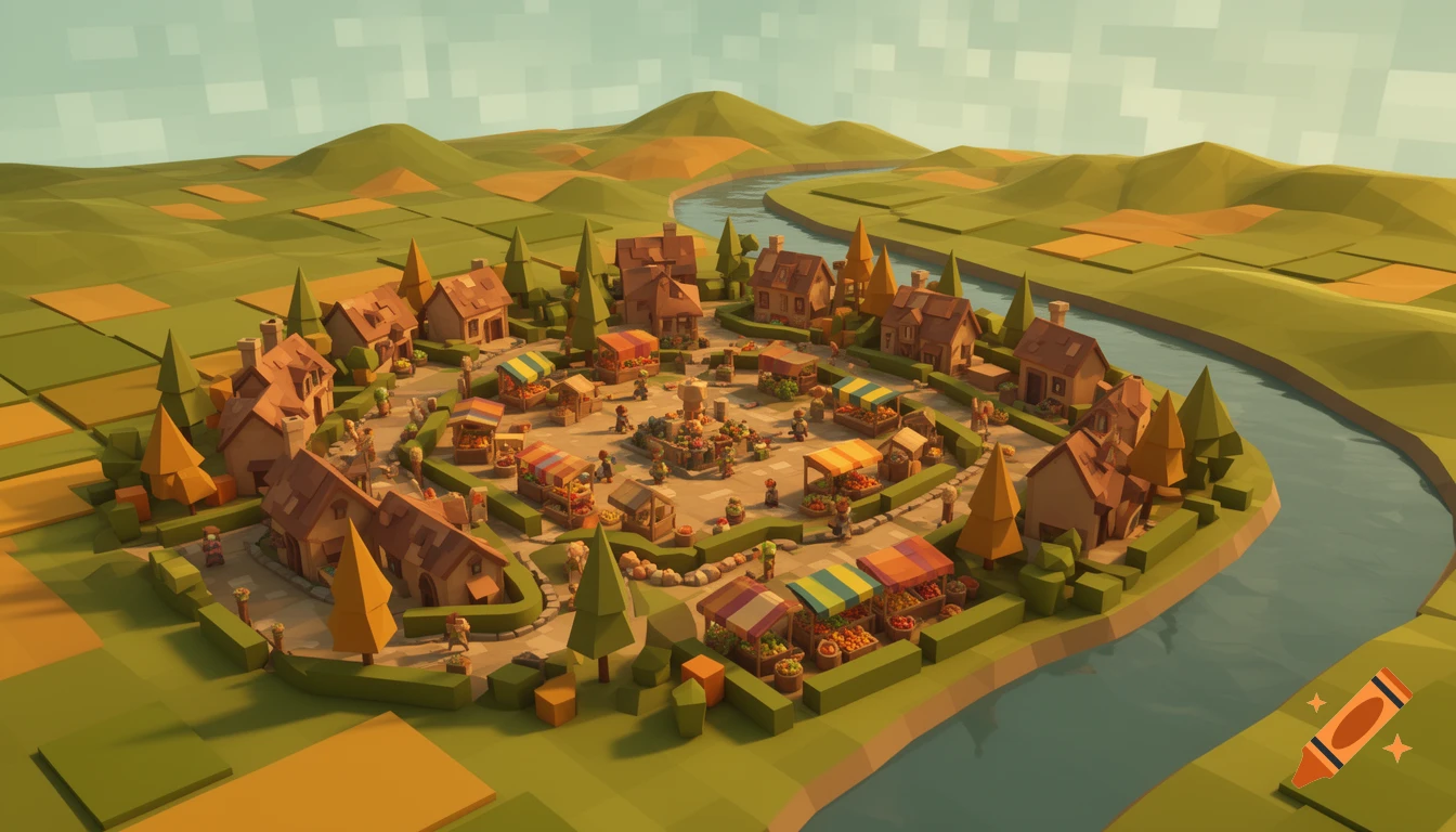 An aerial view of a vibrant low-poly village with a bustling market, houses, trees, and hedges, nestled beside a winding river and green fields.