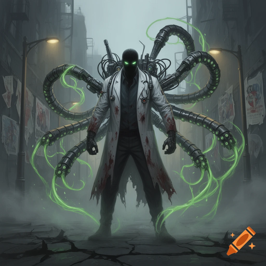 A dark figure with glowing green eyes, wearing a blood-stained doctor's coat, stands amidst mechanical tentacles and green glowing energy in a desolate street.