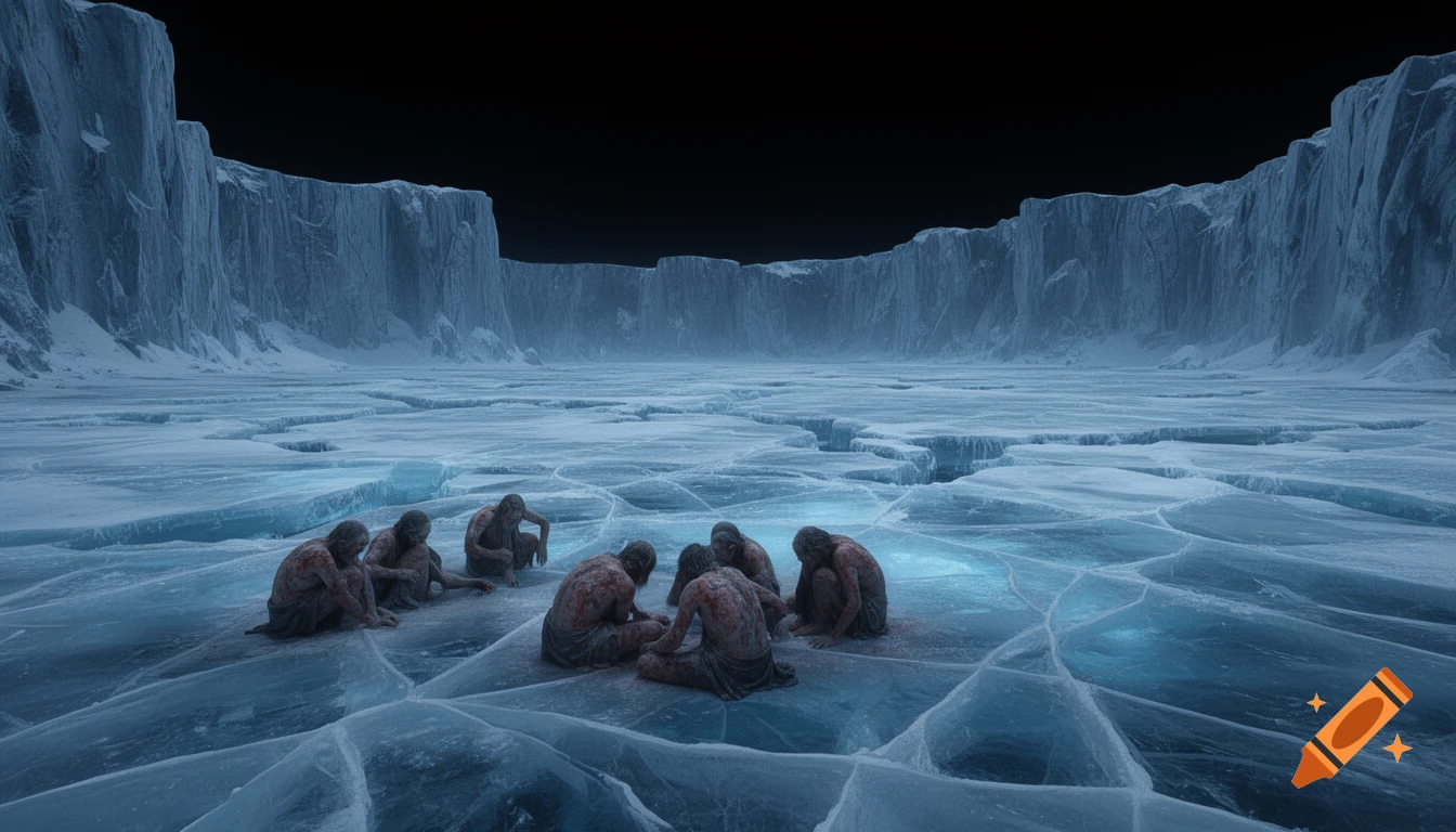 Suffering figures huddle on a vast, cracked ice plain surrounded by towering frozen cliffs under a dark sky in a desolate, realistic winter landscape.