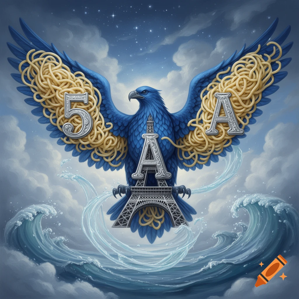 A majestic blue eagle with wings made of spaghetti, holding an Eiffel Tower shaped 'A' with a number '5' on one wing, soaring above crashing waves under a starry sky.
