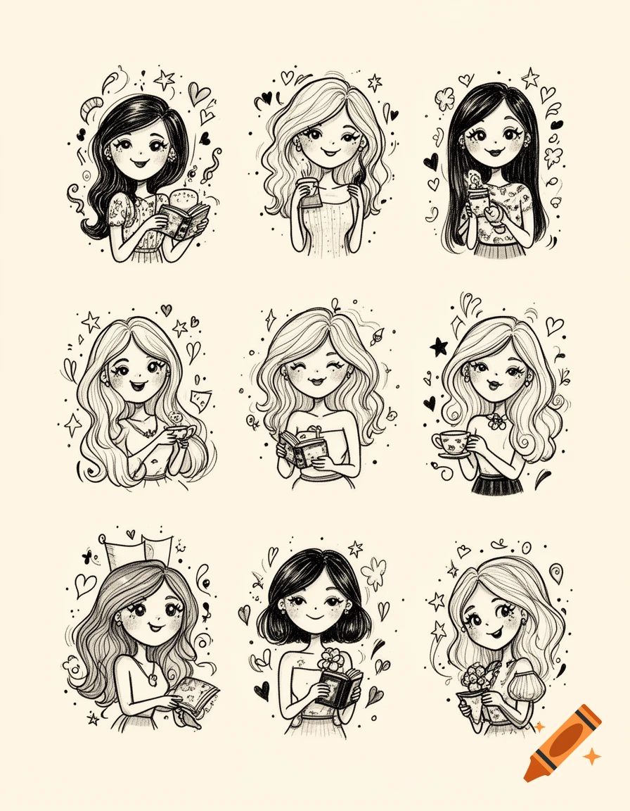 Nine black and white ink doodles of cute women engaged in activities like reading, drinking, and holding flowers.