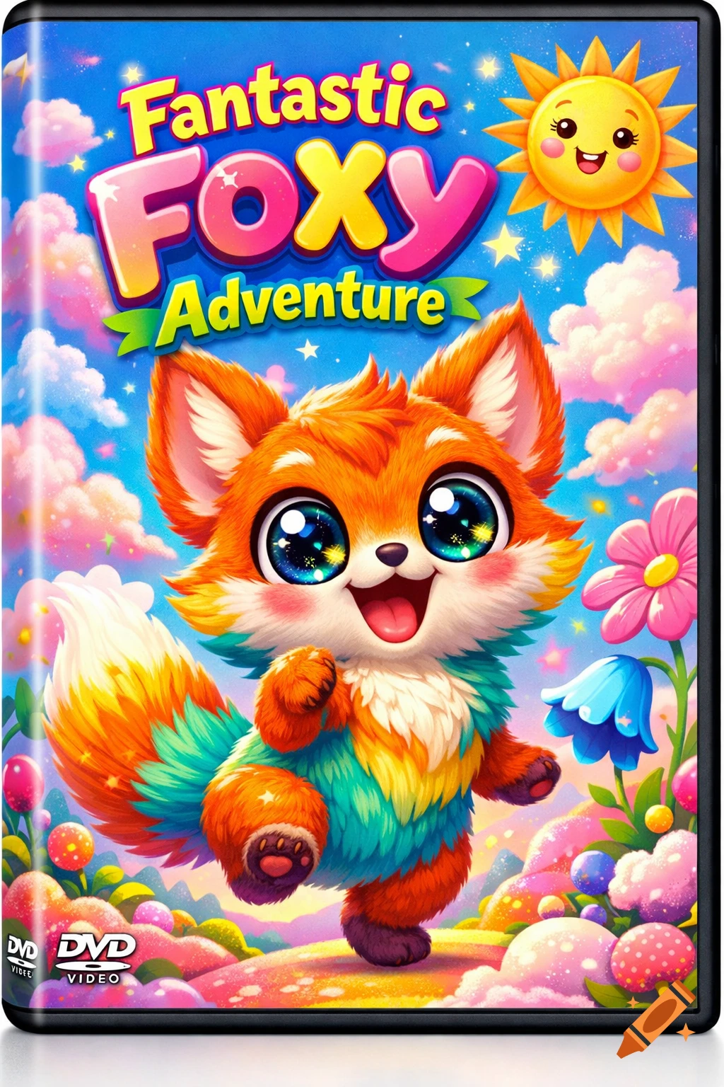 Colorful cartoon DVD cover for 'Fantastic Foxy Adventure' featuring a cute, big-eyed fox in a whimsical landscape with a smiling sun.