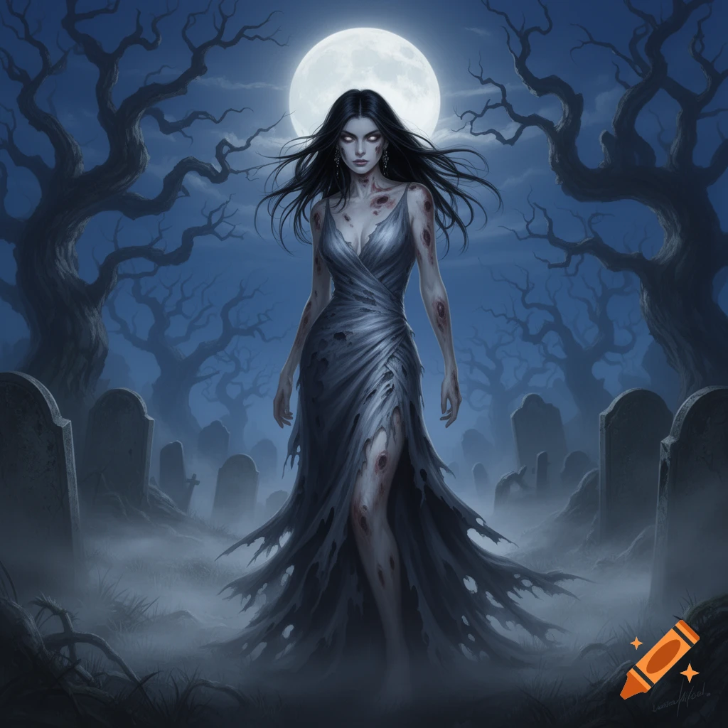 A pale zombie woman with wounds and a torn dress stands in a misty graveyard under a full moon, with gnarled trees.