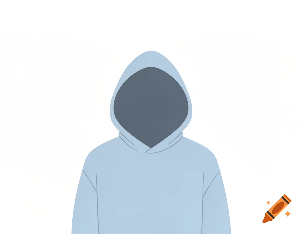 A minimalistic drawing of a hooded figure in a light blue sweatshirt with their face obscured by shadow, against a white background.