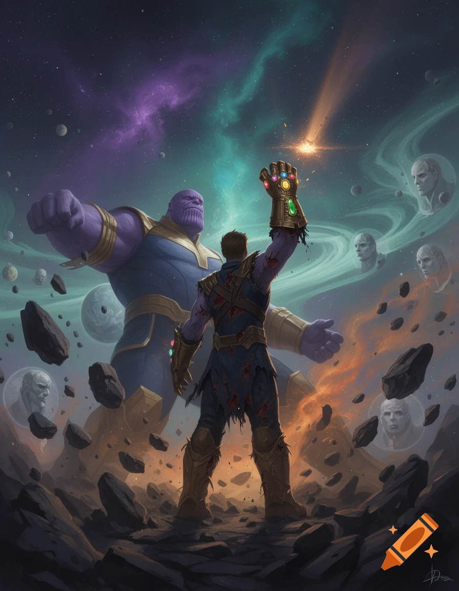 A human character in a torn suit raises the glowing Infinity Gauntlet ...