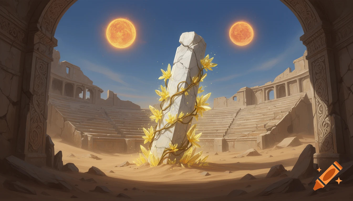 A ruined desert amphitheater with a cracked stone column covered in glowing yellow crystals, under two orange suns.