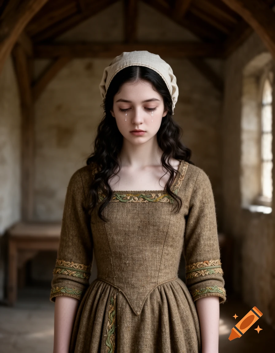 Photorealistic portrait of a sad young woman in medieval clothing and bonnet, crying indoors.