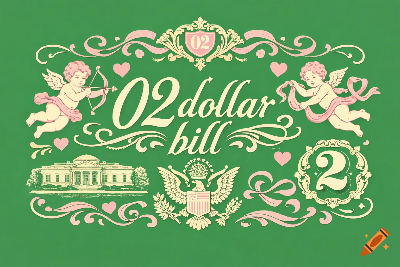A decorative green graphic design featuring cherubs, hearts, the White House, an eagle seal, and the text '02 dollar bill' in an ornate style.