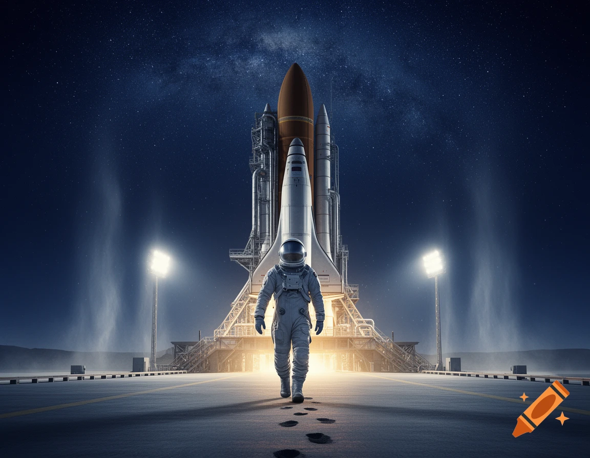 Photorealistic image of an astronaut walking away from a large rocket on a launchpad under a starry night sky.