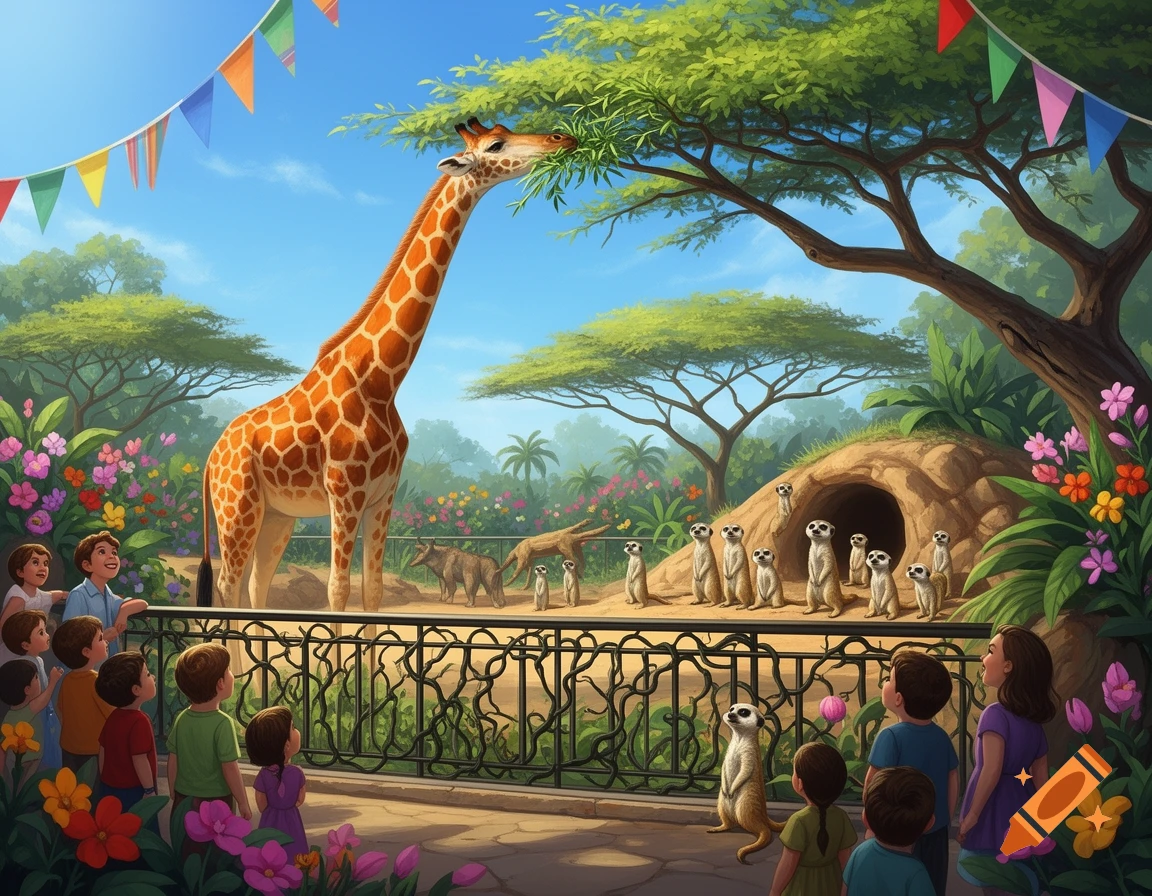 Children at a vibrant zoo watching a giraffe eat leaves and meerkats stand by their burrow under colorful flags.