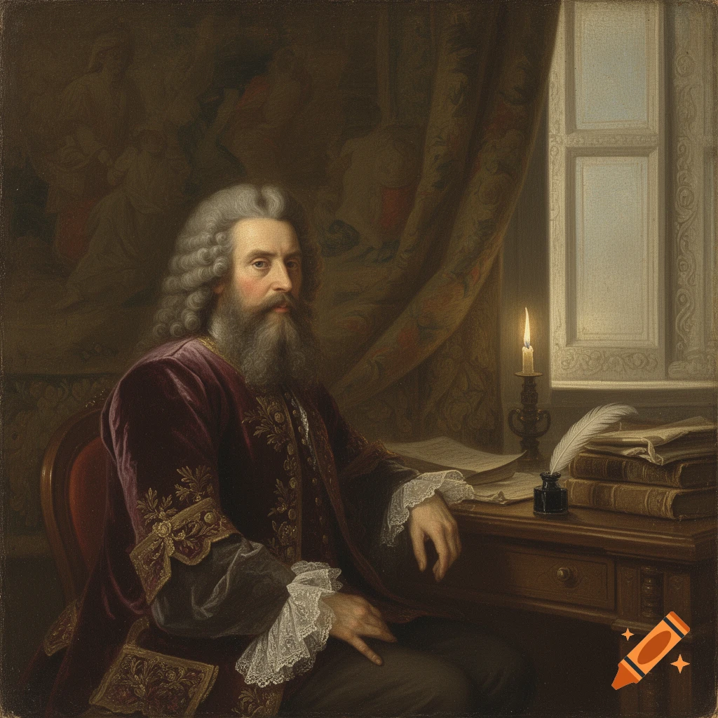 Portrait of a man with a beard and curled white wig, wearing a purple velvet robe, sitting at a desk with a lit candle and books, in the style of an old painting.