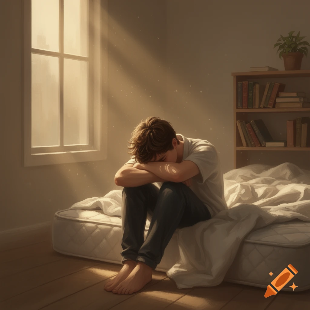 A lone person sits on a mattress in a sunlit room, burying their face in their arms, appearing dejected.