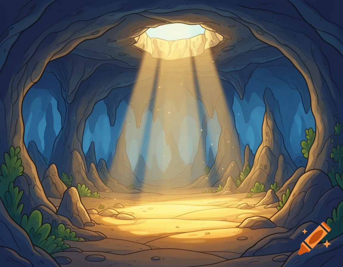 Children's cartoon illustration of a cave with sunlight streaming through a hole in the ceiling, creating a warm, mysterious atmosphere.