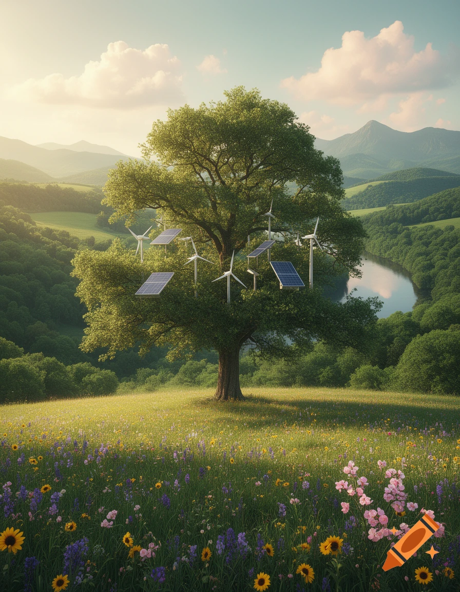 Photorealistic image of a tree with wind turbines and solar panels in a wildflower meadow with hills and a river.