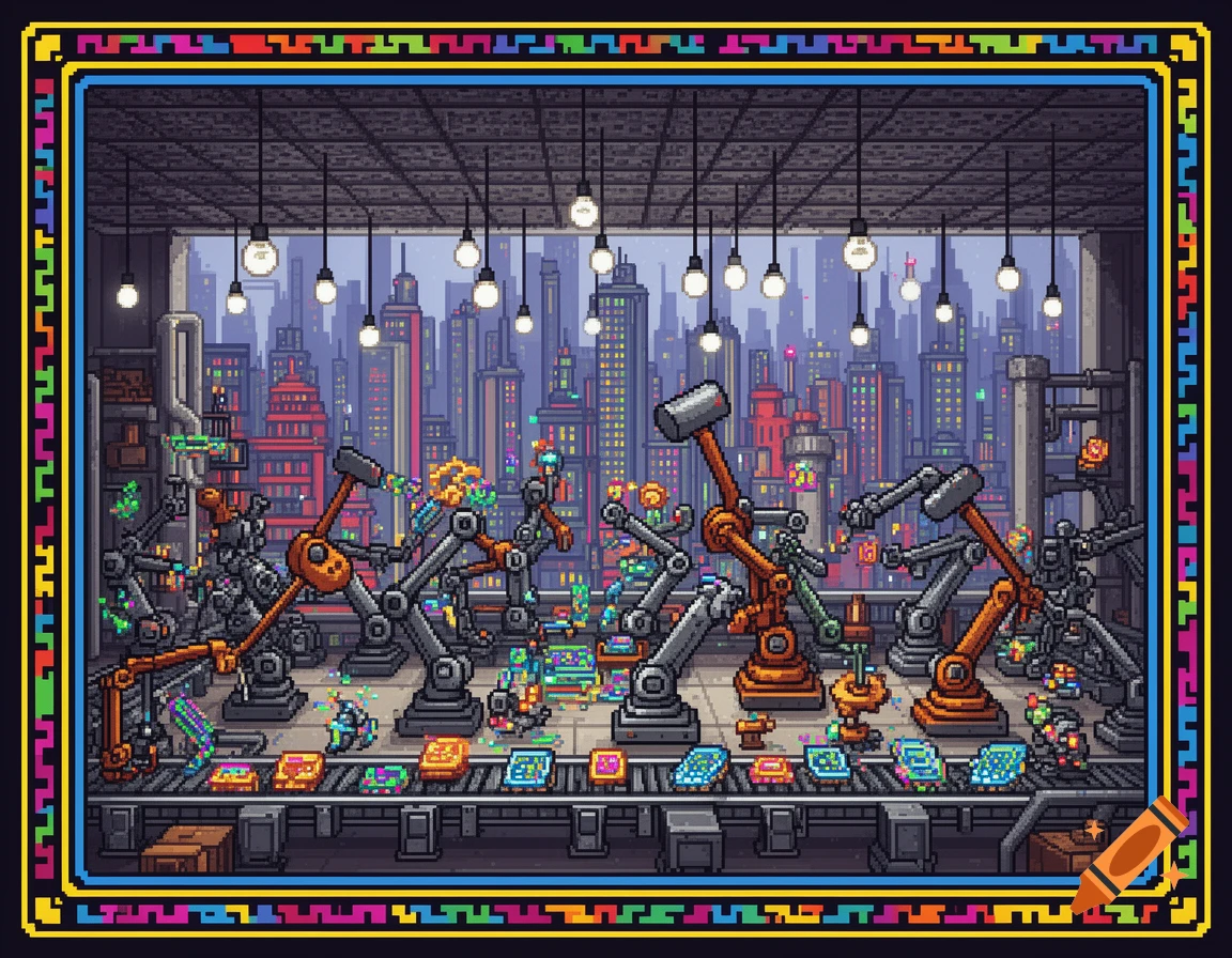 Vibrant pixel art factory with robotic arms assembling colorful items on a conveyor belt, overlooking a cityscape.