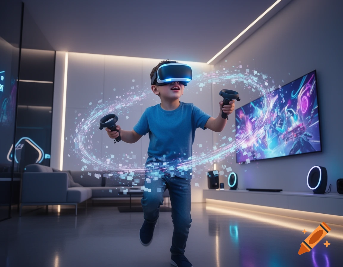 A young boy wearing a VR headset and holding controllers, immersed in a game with glowing digital effects around him in a modern living room.
