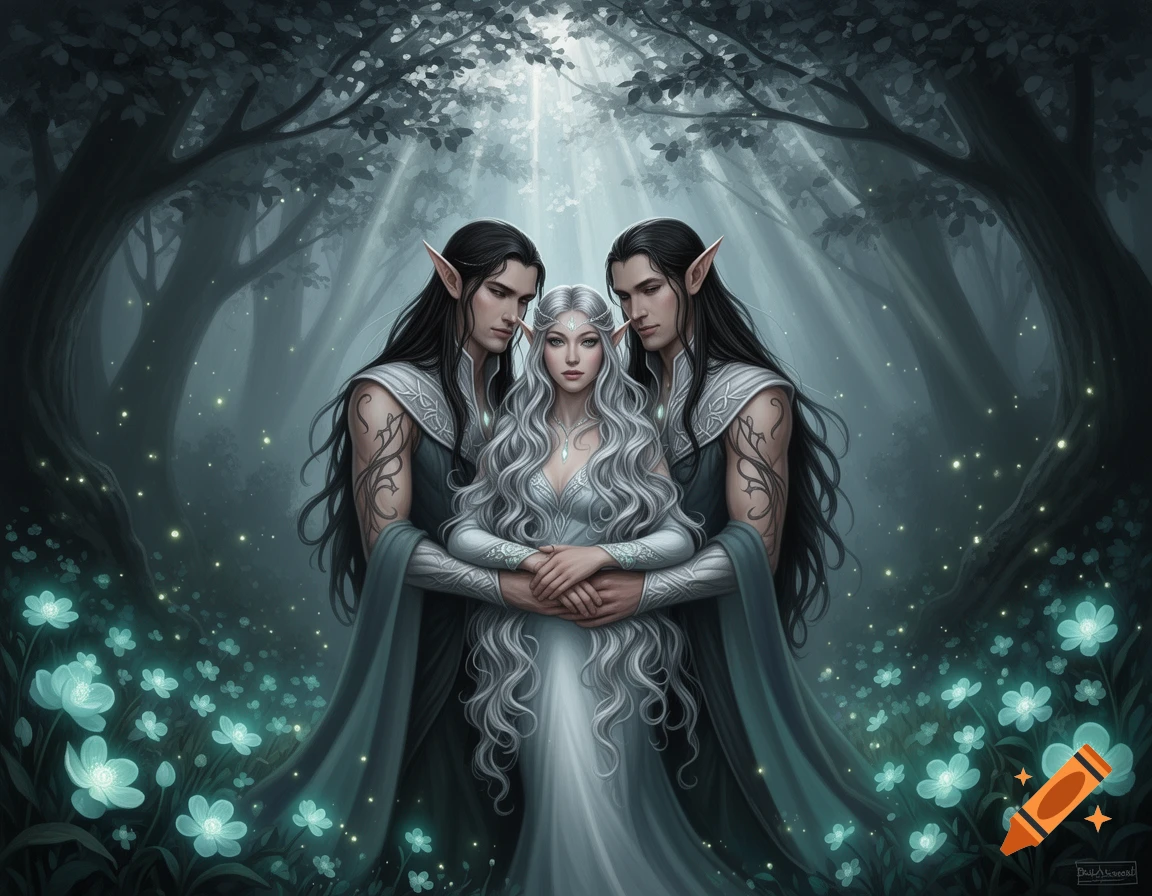 An elven woman with long white hair embraced by two elven men with long dark hair, in a magical forest with glowing blue flowers.
