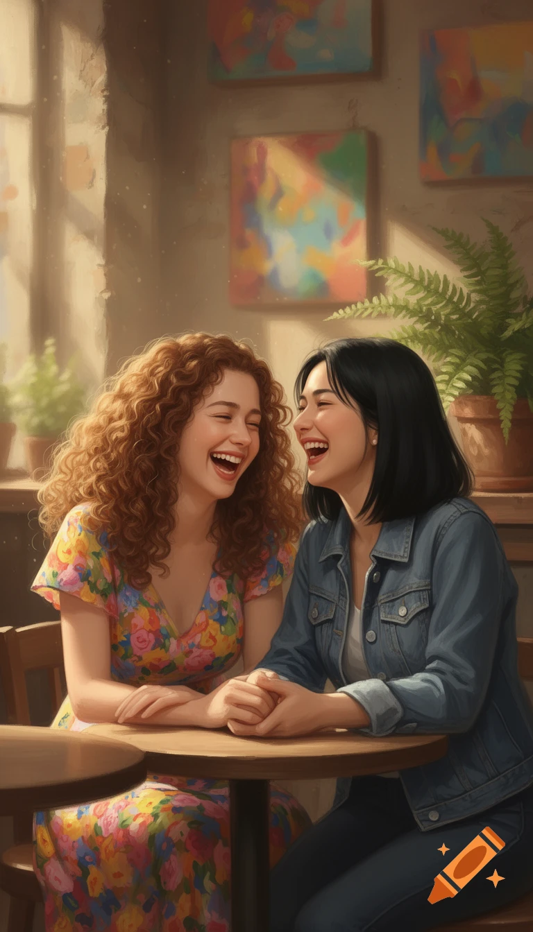 Two women with curly and short dark hair laugh while holding hands at a cafe table, with abstract art on the wall.