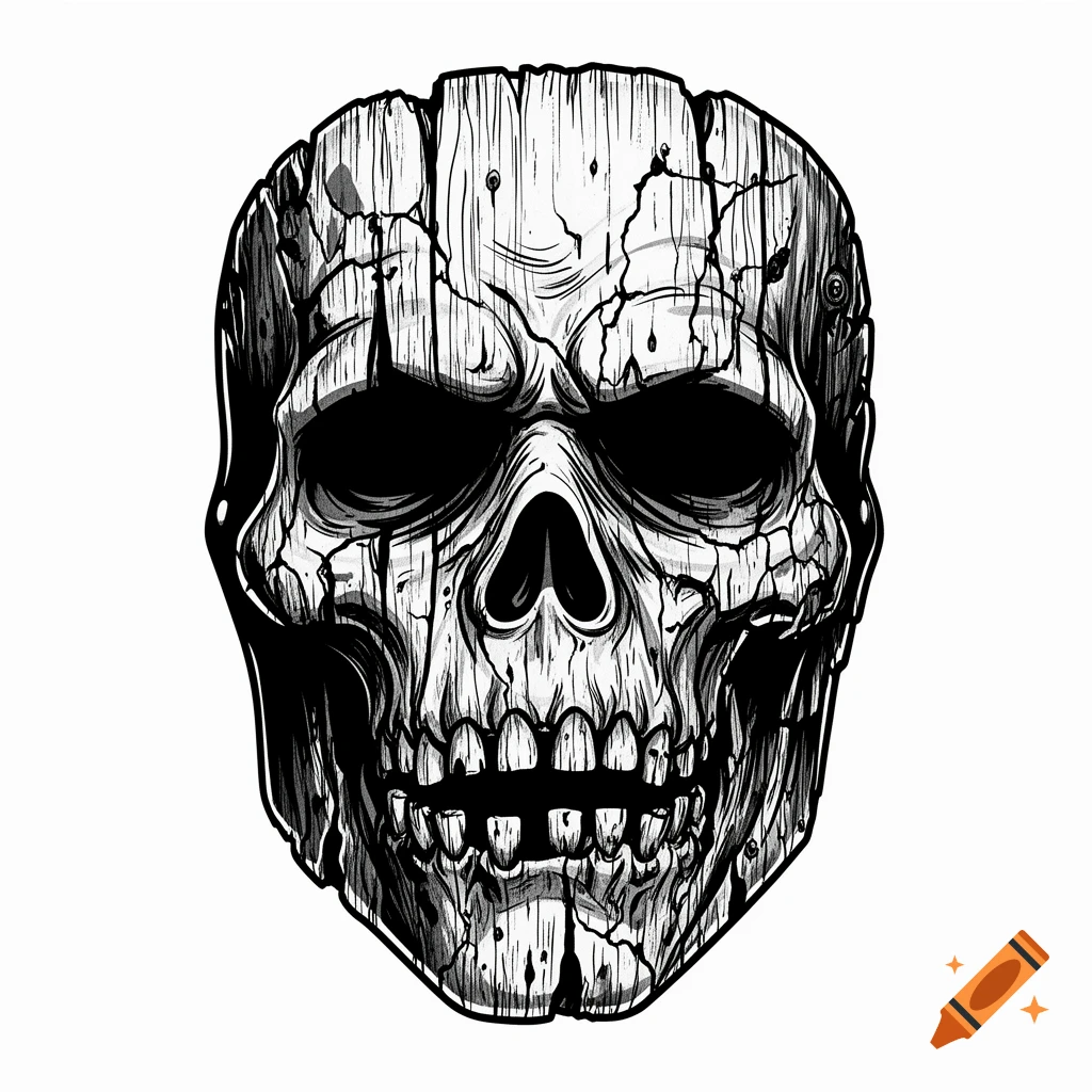 Black and white illustration of a stylized, cracked wood block skull mask.