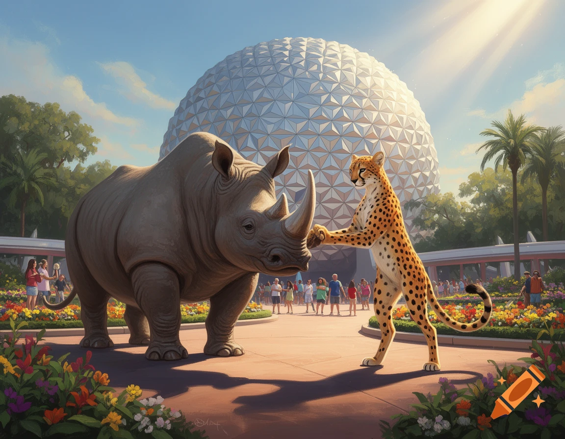 A rhino and a bipedal cheetah shaking hands in front of Epcot's Spaceship Earth dome at Walt Disney World.