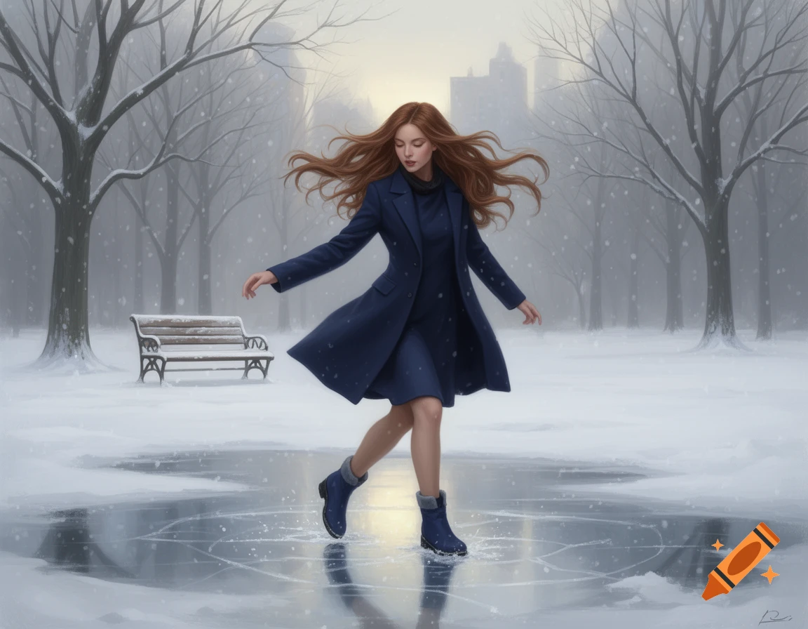 A woman with long red hair, wearing a blue coat and dress, ice skates gracefully on a frozen pond in a snowy park with bare trees.