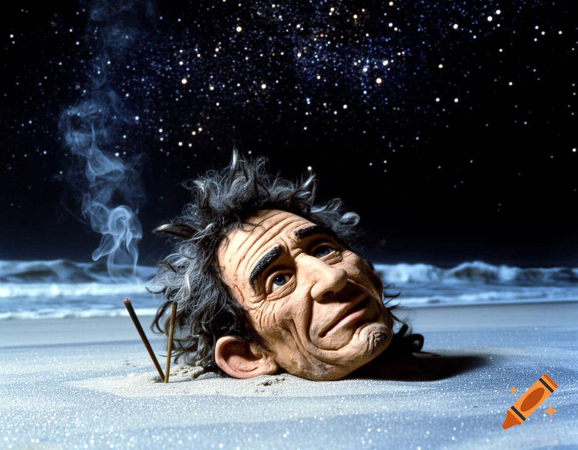 Hyperrealistic claymation of a weathered head resembling Keith Richards, partially buried in glittery sand on a starry night beach, with two smoking incense sticks.