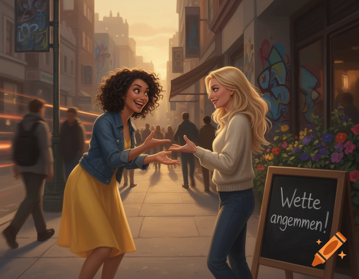 Two smiling women gesture while talking on a sunny city street with blurred people and a sign reading 'Wette angenommen!'.