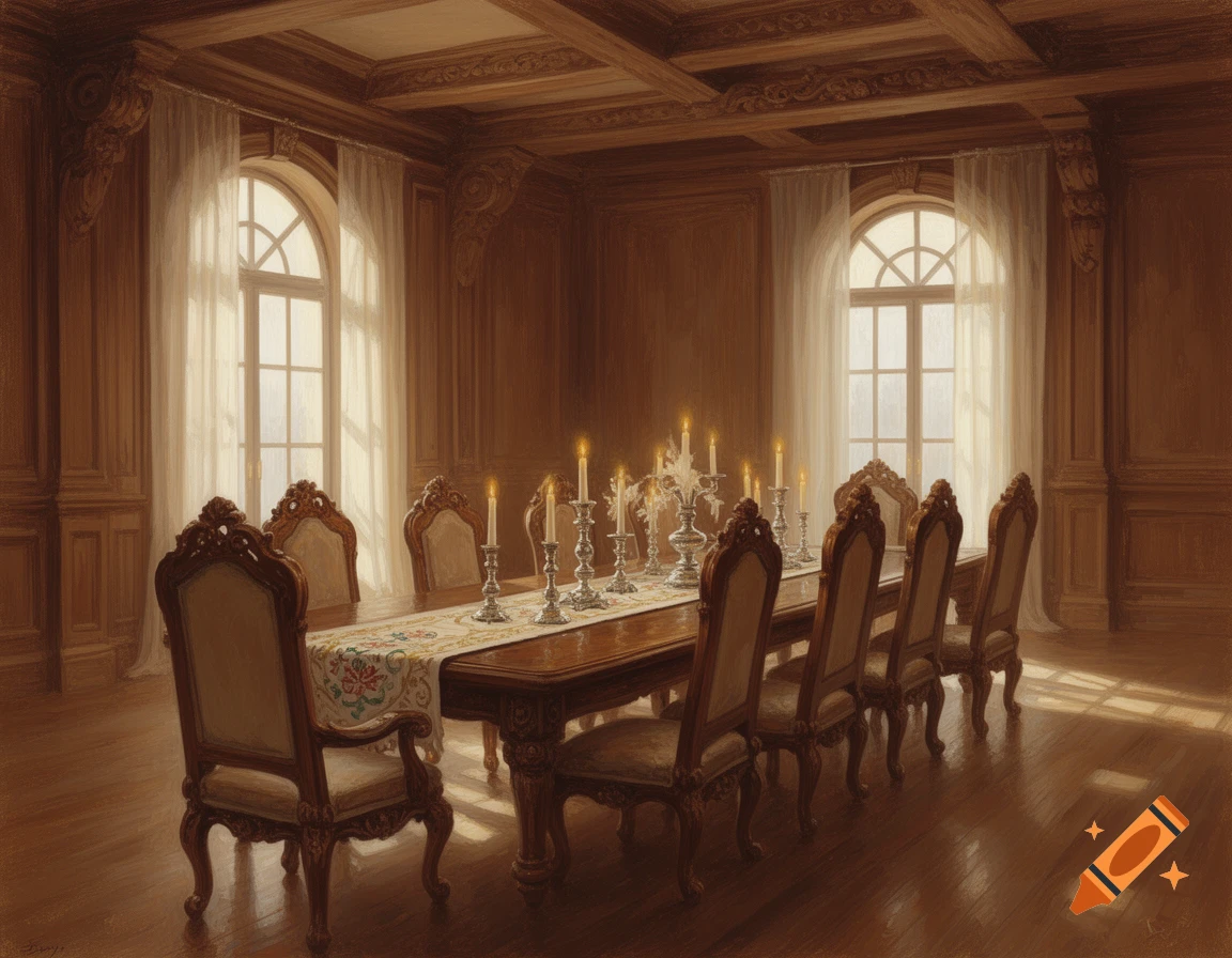 Grand dining room with wooden walls, a long table with candelabras and elegant chairs, illuminated by sunlight through arched windows.