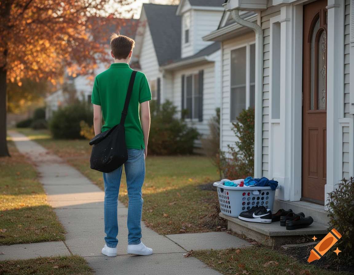 A young man in a green polo, jeans, and white sneakers stands on a sidewalk, looking towards a house with a laundry basket and shoes on the porch on an autumn day.