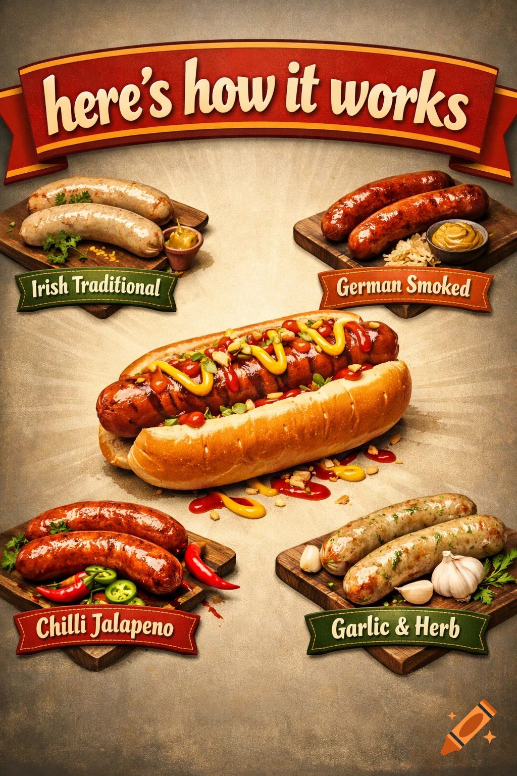 A poster displays a hotdog and four types of sausages labeled "Irish Traditional," "German Smoked," "Chilli Jalapeno," and "Garlic & Herb."