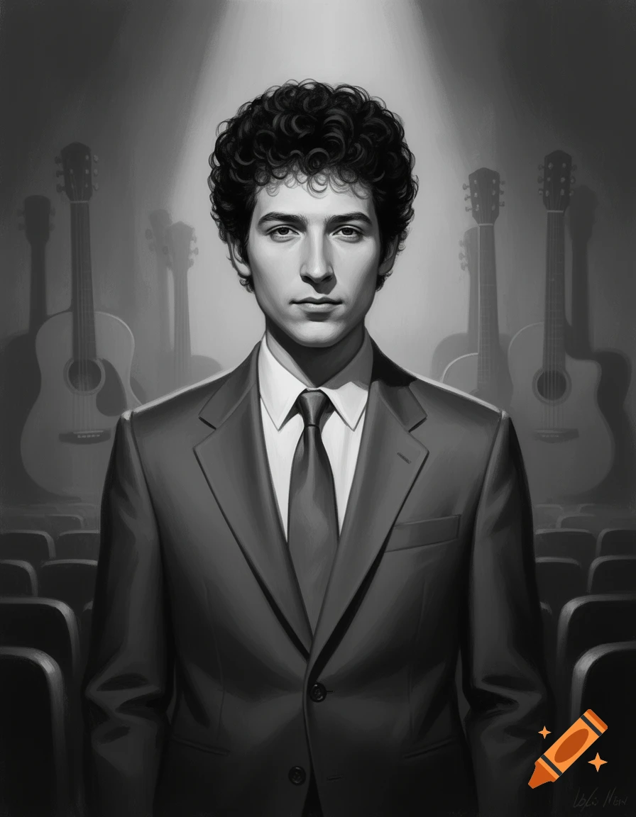 A black and white digital painting of a young man with curly hair in a suit and tie, standing under a spotlight with blurred guitars in the background.