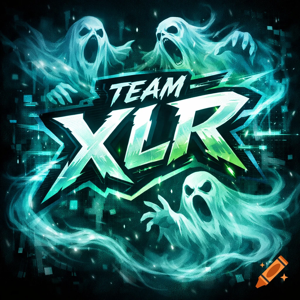Spooky gaming logo with glowing green and teal text 'TEAM XLR' surrounded by three screaming ghosts and glitch effects.