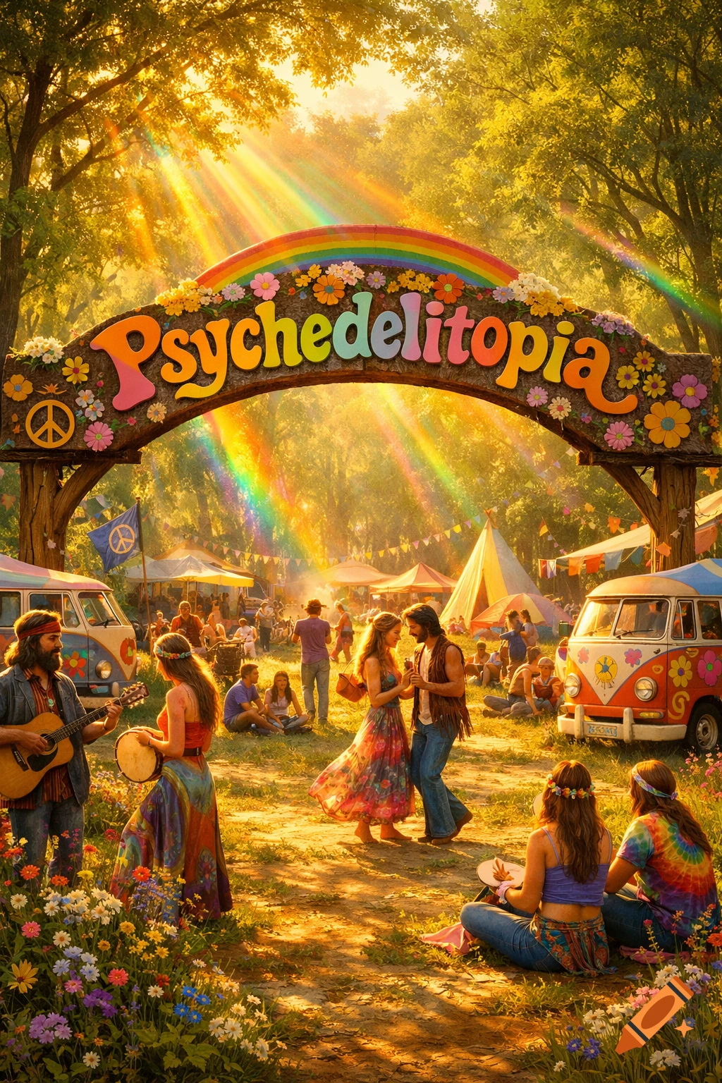 A vibrant outdoor hippie festival with people, colorful vans, and an archway reading 'Psychedelitopia' under sunny, rainbow-filled skies.