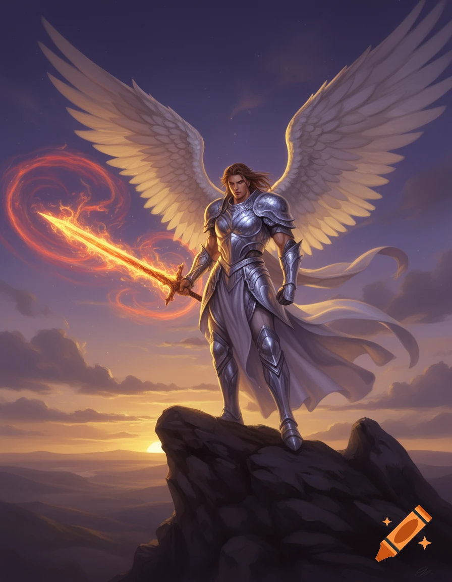 A heroic angel warrior with large white wings stands on a rocky peak, holding a glowing flaming sword, overlooking a sunset landscape.