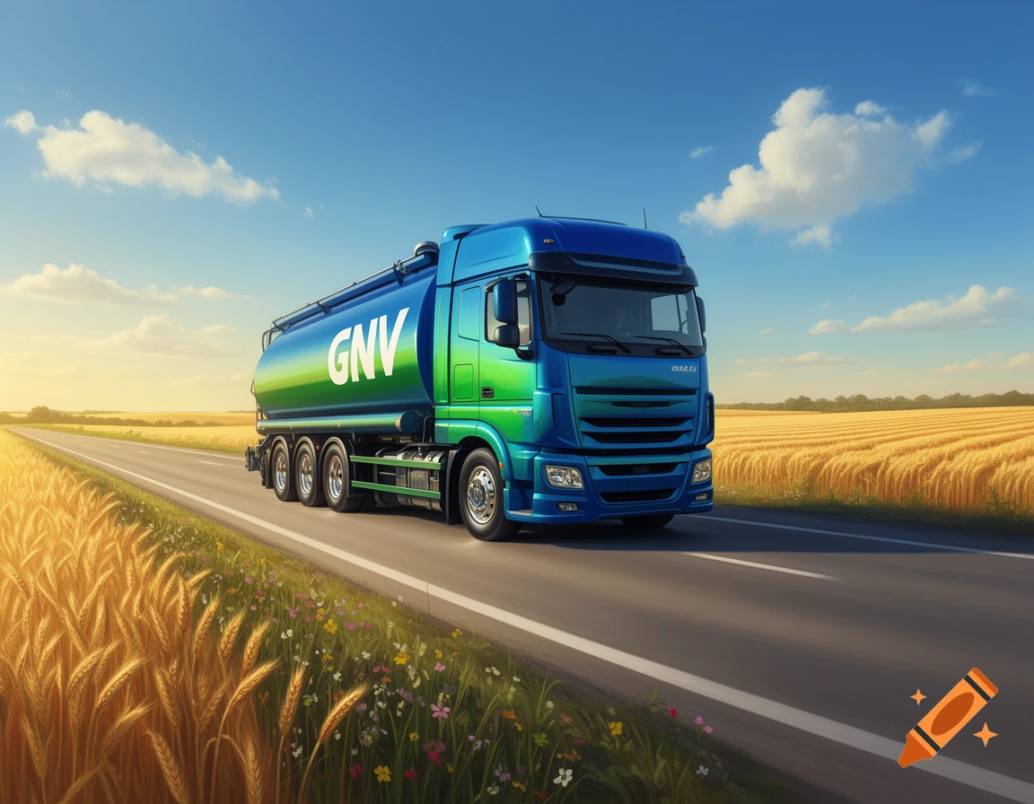 A blue and green GNV tanker truck drives on a road through golden fields under a blue sky.