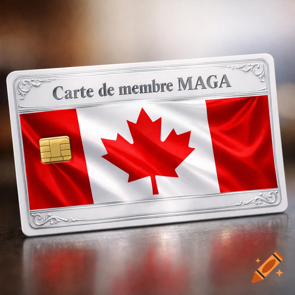 A membership card labeled "Carte de membre MAGA" with a Canadian flag design and a gold chip, resting on a reflective surface.