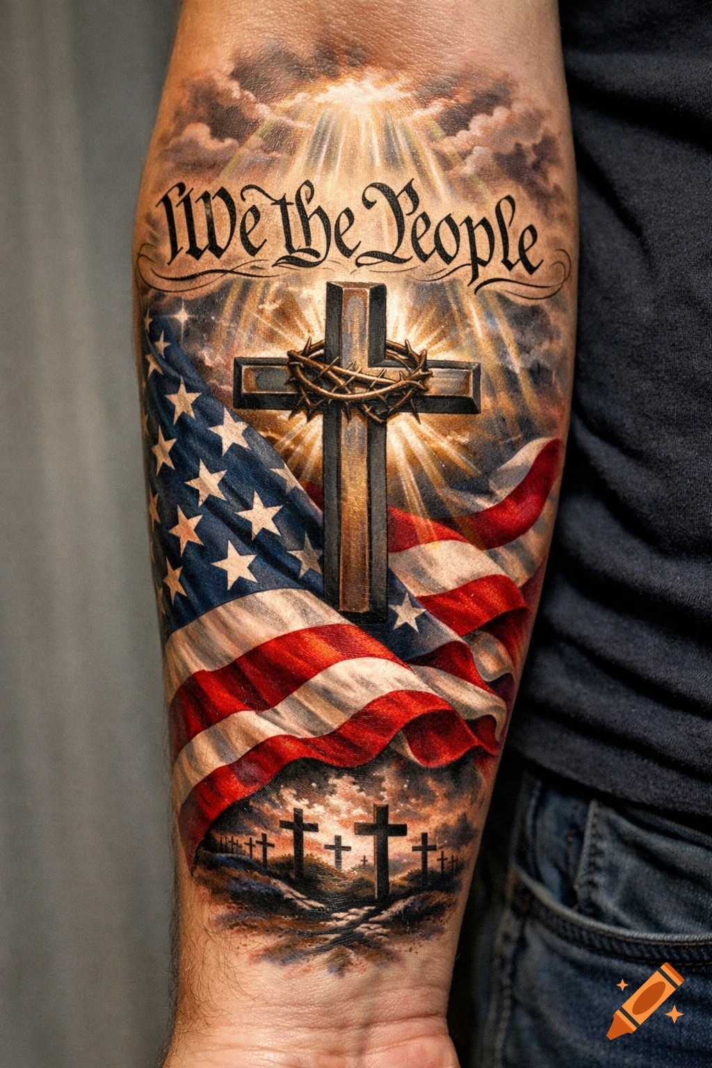 Photorealistic forearm tattoo featuring an American flag, a Christian cross with a crown of thorns, "We the People" script, and a graveyard.