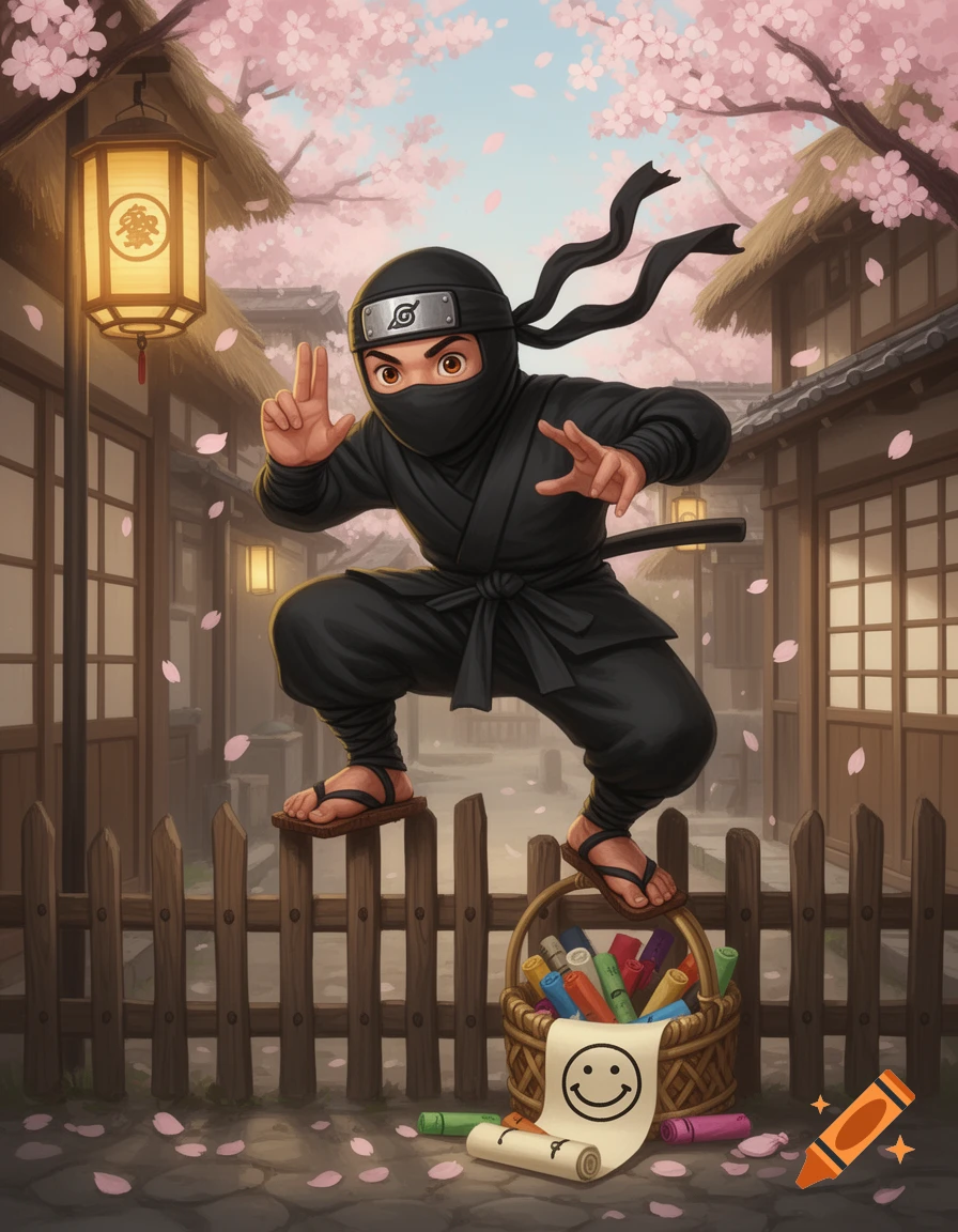 Cartoon child ninja jumping over a wooden fence in a cherry blossom street, with a basket of crayons and a smiley face scroll.