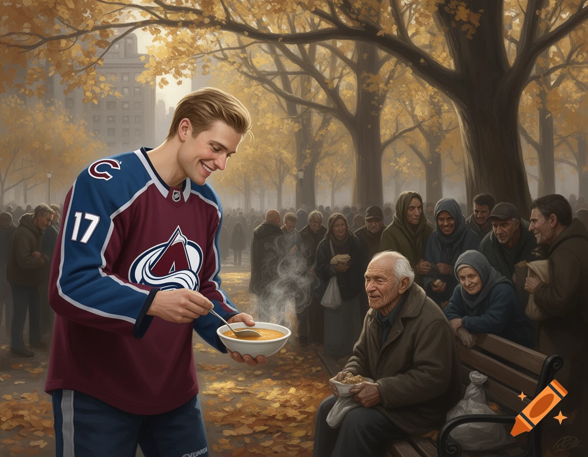 A smiling man in a Colorado Avalanche hockey jersey feeds soup to an older man on a bench in an autumnal park, surrounded by a crowd of people.